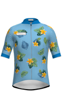Lade das Bild in den Galerie-Viewer, Produktfoto vom Hawaii Mirissa Radtrikot blau weiß gelbe Blumen