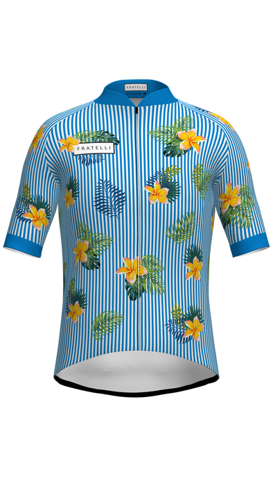 Produktfoto vom Hawaii Mirissa Radtrikot blau weiß gelbe Blumen